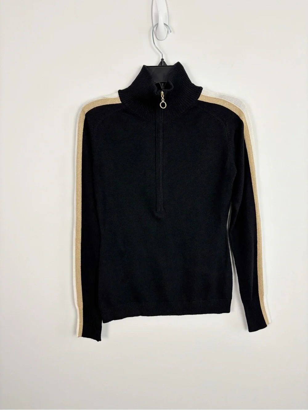 We Norwegians Geilo Metallic Striped Merino Wool Half-Zip Sweater Black Size S